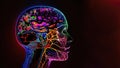 Headache in human head neon glowing head brain, pain in human head with colorful stress illustration