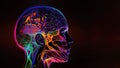 Headache in human head neon glowing head brain, pain in human head with colorful stress illustration