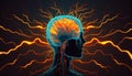 Headache in human head neon glowing head brain, pain in human head with colorful stress illustration