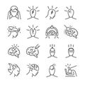 Headache line icon set. Included the icons as Tension headaches, Cluster headaches, Migraine, brain symptom and more.