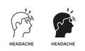 Headache Line and Silhouette Icon Set. Head Disease, Fatigue Symbol Collection. Migraine, Health Problems, Pain, Stress