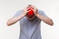 Headache and migraine, man with head pain on white background