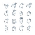 Headache, migraine pain treatment medical line vector icons