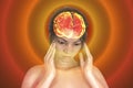 Headache, migraine, stroke, conceptual illustration showing a woman with pain in head and highlighted brain