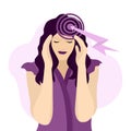 Headache, migraine. A young girl is holding her head, suffering from pain. Cartoon illustration for informational posters,