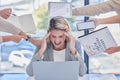 Headache, multitask and business woman in stress, anxiety and burnout of deadlines, time management or pressure Royalty Free Stock Photo