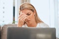 Headache, office laptop and business woman with work stress and technology burnout. Anxiety, mental health problem and Royalty Free Stock Photo