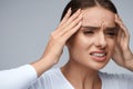 Headache Pain. Beautiful Woman Having Painful Migraine. Health Royalty Free Stock Photo