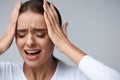 Headache Pain. Beautiful Woman With Painful Migraine, Screaming