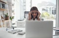 Headache, pain and business woman on laptop for stress, budget problem and mental health risk in office. Anxiety Royalty Free Stock Photo