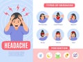 Headache pain infographic. Symptoms of headache various treatment method recent vector template with place for text