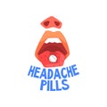 Headache pills, person suffering from headache, migraine, health problems vector Illustration