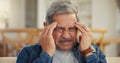 Headache, senior man and stress in home for mistake, mental health and brain fog in retirement. Face, tired and Royalty Free Stock Photo