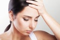 Headache And Stress. Beautiful Young Woman Feeling Strong Head Pain. Portrait Of Tired Stressed Female Suffering From Painful Migr Royalty Free Stock Photo