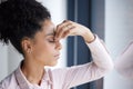 Headache, stress and burnout black woman in office feeling tired, exhausted or fatigue. Anxiety, depression and business Royalty Free Stock Photo