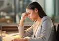 Headache, stress and business woman in night office for burnout, fatigue or mental health problem. Breathing, pain and Royalty Free Stock Photo