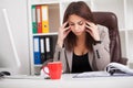 Headache and Stress at Work. Portrait of Young Business Woman at Royalty Free Stock Photo