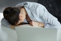 Headache and Stress at Work. Portrait of Young Business Woman at Royalty Free Stock Photo