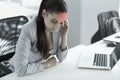 Headache and Stress at Work. Portrait of Young Business Woman at Royalty Free Stock Photo