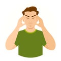 Headache. Stroke. Fatigue or migraine. Upset man put his hand to his head. Problems at work.