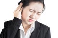 Headache symptom in a businesswoman isolated on white background. Clipping path on white background.