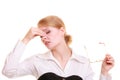 Headache. Woman suffering from head pain isolated. Royalty Free Stock Photo