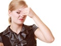 Headache. Woman suffering from head pain isolated. Royalty Free Stock Photo