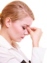 Headache. Woman suffering from head pain isolated. Royalty Free Stock Photo