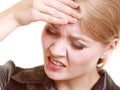 Headache. Woman suffering from head pain isolated. Royalty Free Stock Photo