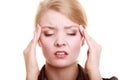 Headache. Woman suffering from head pain isolated. Royalty Free Stock Photo