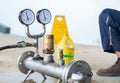 Header and two guage pressor for test safety valve in factory Royalty Free Stock Photo