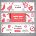 Headers with meat products. Flat meat farm elements. Butcher promo banners, cards, brochure, sale, promotion. Vector