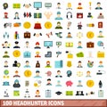 100 headhunter icons set, flat style