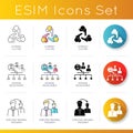 Headhunting icons set. Linear, black and RGB color styles. Company culture, internal recruitment and employee referral