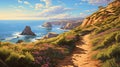 Award-winning Headland Hiking Trail Illustration With Strong Shadows And Pastel Tones