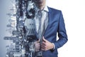 Headless businessman on abstract sideways city background. Success, work, job and career concept. Double exposure Royalty Free Stock Photo