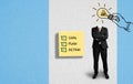 Headless businessman with a lightbulb and sticky notes with list GOAL, PLAN, ACTION