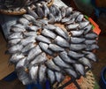 Headless dried fish called Pla Salit on round bamboo basket