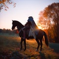 Headless horseman, man in medieval vintage headless clothes on a horse in sunset lighting