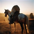 Headless horseman, man in medieval vintage headless clothes on a horse in sunset lighting,