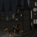 Headless horseman riding a flaming horse in front of a medieval castle