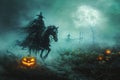 A headless horseman riding through a misty pumpkin patch with a glowing jack-o-lantern Royalty Free Stock Photo