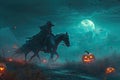 A headless horseman riding through a misty pumpkin patch with a glowing jack-o-lantern Royalty Free Stock Photo