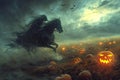 A headless horseman riding through a misty pumpkin patch with a glowing jack-o-lantern Royalty Free Stock Photo