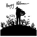 Headless man with Halloween pumpkin standing on graveyard silhouette vector illustration sketch doodle hand drawn with black lines Royalty Free Stock Photo