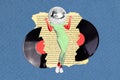 Headless surreal disco ball girl artwork collage concept nostalgia old school broken vinyl plate dance festival isolated