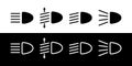 Headlight icons. Car headlights on dashboard. Light of lamps vehicle. Set of signs for headlamp of automobile. Outline collection