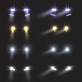Headlights car. Realistic round bright vehicle front lamps. Light flares and blur shadows effect. Automobile glow beams