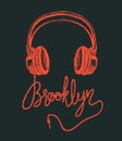 Headphone Brooklyn hand drawing, grunge vector illustration.