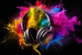 A headphone with colorful color powder splash Generative AI Royalty Free Stock Photo